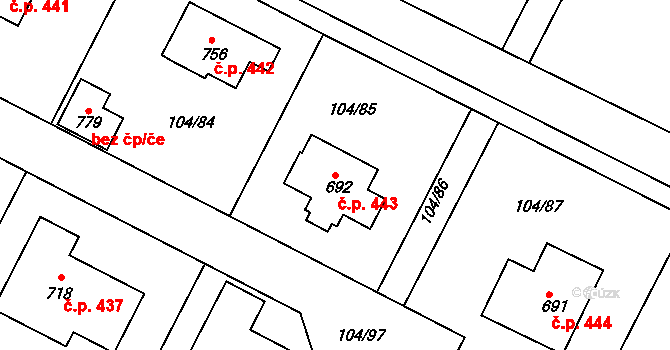 Předměřice nad Labem 443 na parcele st. 692 v KÚ Předměřice nad Labem, Katastrální mapa