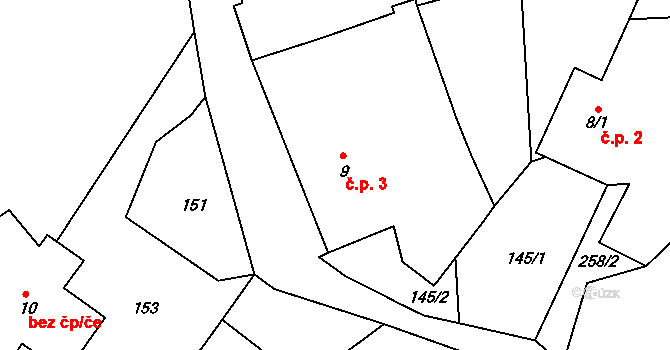 Kozlov 3, Bystřice nad Pernštejnem na parcele st. 9 v KÚ Kozlov u Lesoňovic, Katastrální mapa