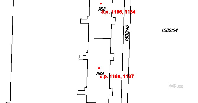 Kvítkovice 1166,1167, Otrokovice na parcele st. 364 v KÚ Kvítkovice u Otrokovic, Katastrální mapa