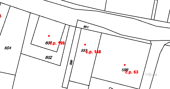 Děhylov 148 na parcele st. 597 v KÚ Děhylov, Katastrální mapa