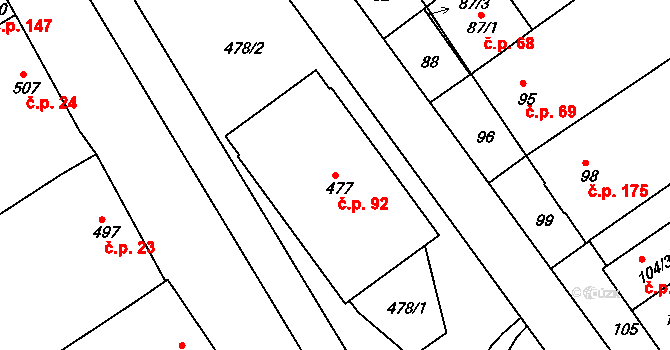 Huštěnovice 92 na parcele st. 477 v KÚ Huštěnovice, Katastrální mapa