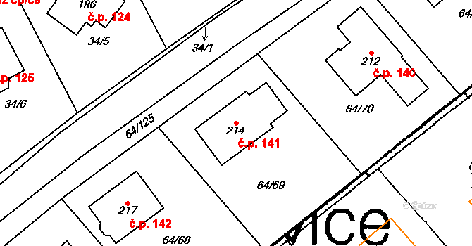 Kvíčovice 141 na parcele st. 214 v KÚ Kvíčovice, Katastrální mapa