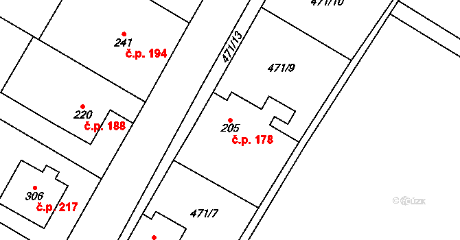 Chroustovice 178 na parcele st. 205 v KÚ Chroustovice, Katastrální mapa