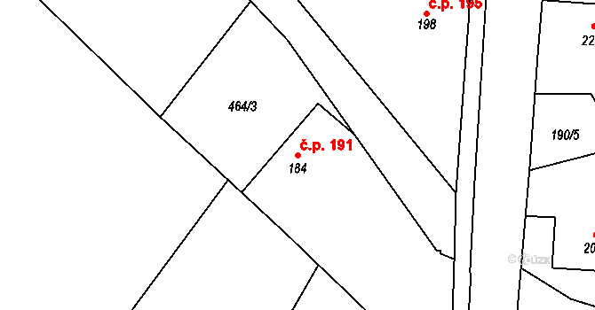Rosice 191 na parcele st. 184 v KÚ Rosice u Chrasti, Katastrální mapa