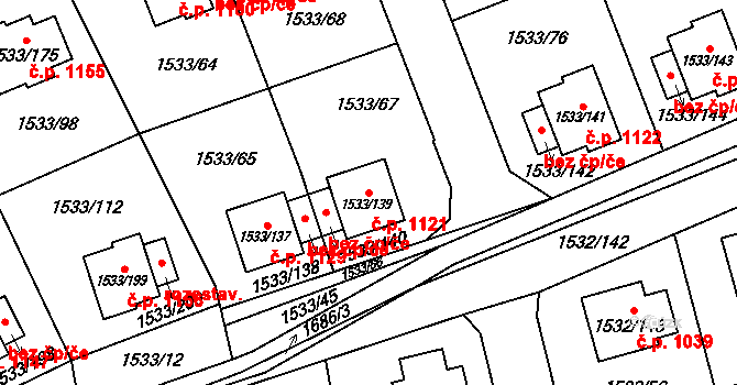 Řeporyje 1121, Praha na parcele st. 1533/139 v KÚ Řeporyje, Katastrální mapa