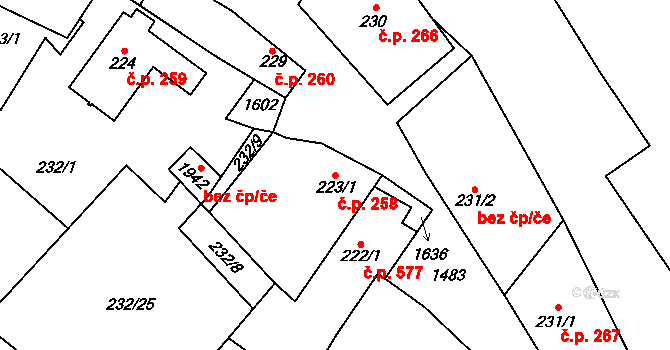 Kostelec nad Labem 258 na parcele st. 223/1 v KÚ Kostelec nad Labem, Katastrální mapa