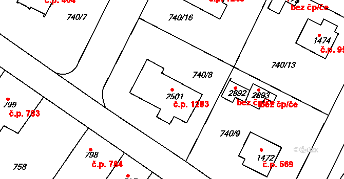 Neratovice 1283 na parcele st. 2501 v KÚ Neratovice, Katastrální mapa
