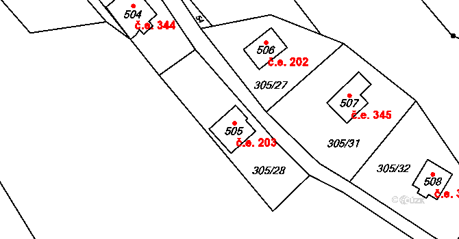 Černolice 203 na parcele st. 505 v KÚ Černolice, Katastrální mapa