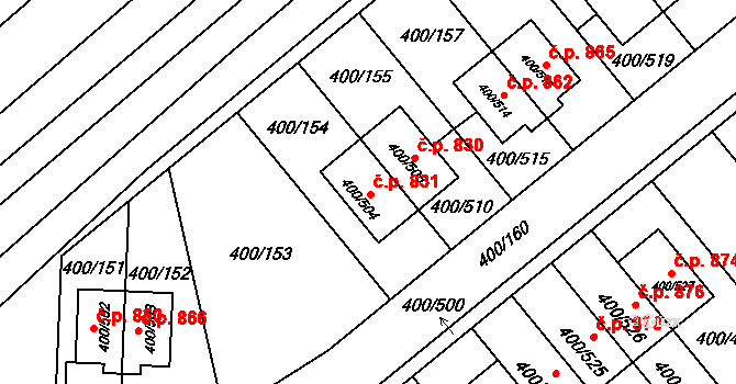 Střelice 831 na parcele st. 400/504 v KÚ Střelice u Brna, Katastrální mapa