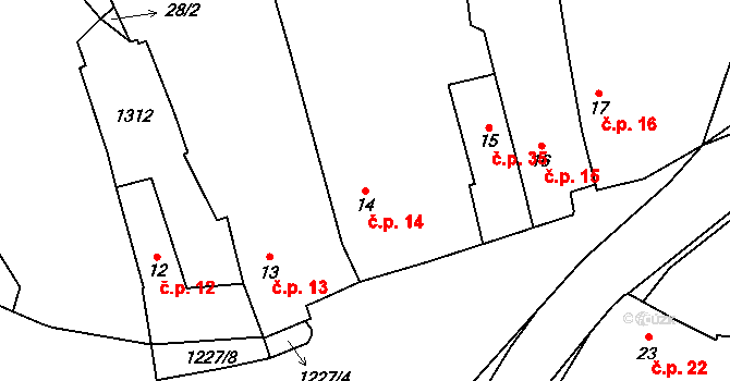 Těšovice 14 na parcele st. 14 v KÚ Těšovice u Prachatic, Katastrální mapa