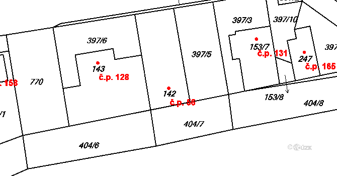 Hněvkovice 56, Humpolec na parcele st. 142 v KÚ Hněvkovice u Humpolce, Katastrální mapa