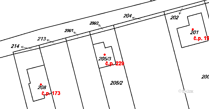 Sentice 229 na parcele st. 205/3 v KÚ Sentice, Katastrální mapa