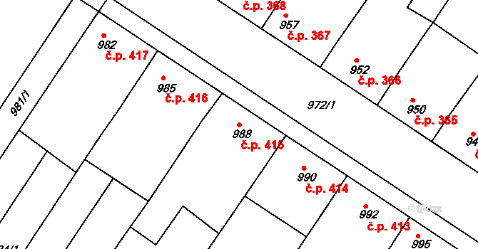 Hrušky 415 na parcele st. 988 v KÚ Hrušky, Katastrální mapa