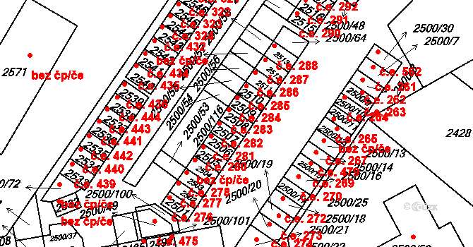Hustopeče 283 na parcele st. 2508 v KÚ Hustopeče u Brna, Katastrální mapa