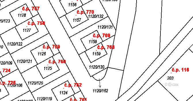 Kudlov 768, Zlín na parcele st. 1159 v KÚ Kudlov, Katastrální mapa
