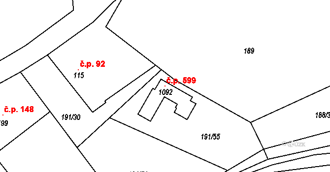 Černý Vůl 599, Statenice na parcele st. 1092 v KÚ Statenice, Katastrální mapa