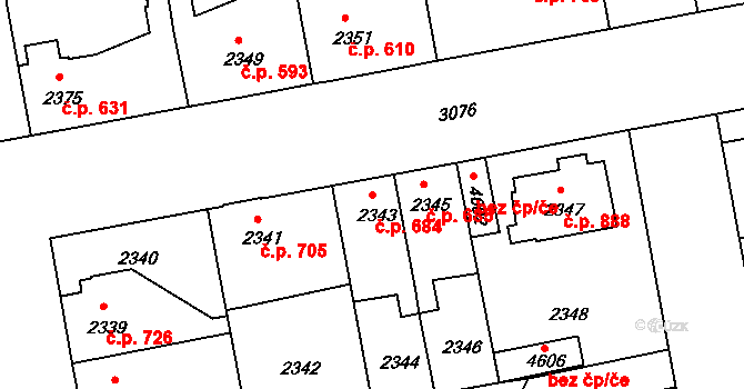 Čelákovice 684 na parcele st. 2343 v KÚ Čelákovice, Katastrální mapa
