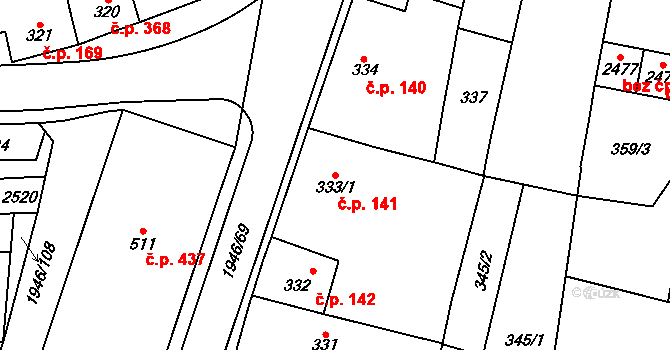 Třebechovice pod Orebem 141 na parcele st. 333/1 v KÚ Třebechovice pod Orebem, Katastrální mapa