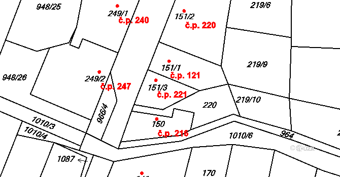 Smidary 221 na parcele st. 151/3 v KÚ Smidary, Katastrální mapa