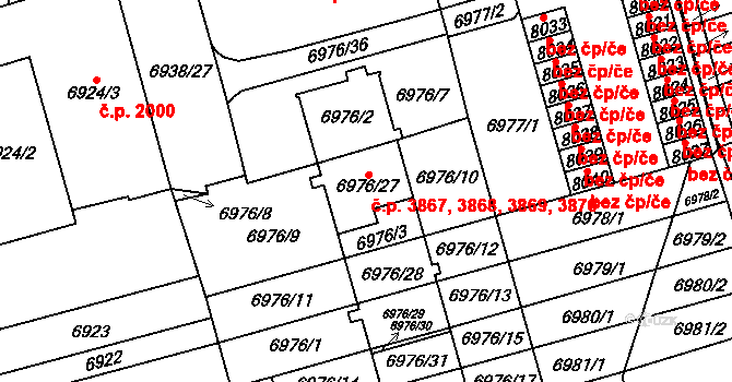 Židenice 3867,3868,3869,3870, Brno na parcele st. 6976/27 v KÚ Židenice, Katastrální mapa