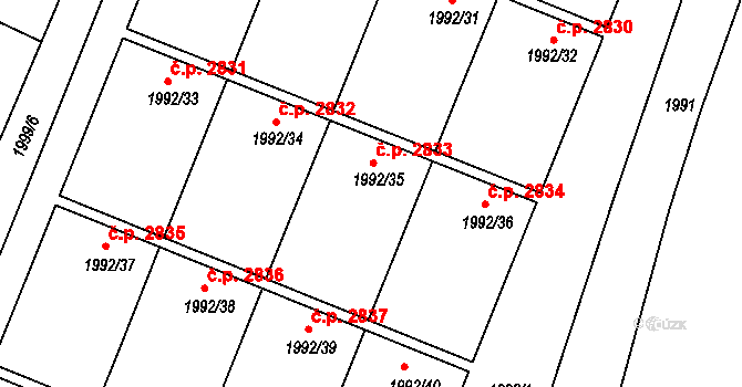 Teplice 2833 na parcele st. 1992/35 v KÚ Teplice, Katastrální mapa