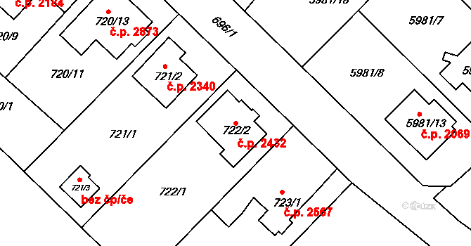 Frýdek 2432, Frýdek-Místek na parcele st. 722/2 v KÚ Frýdek, Katastrální mapa