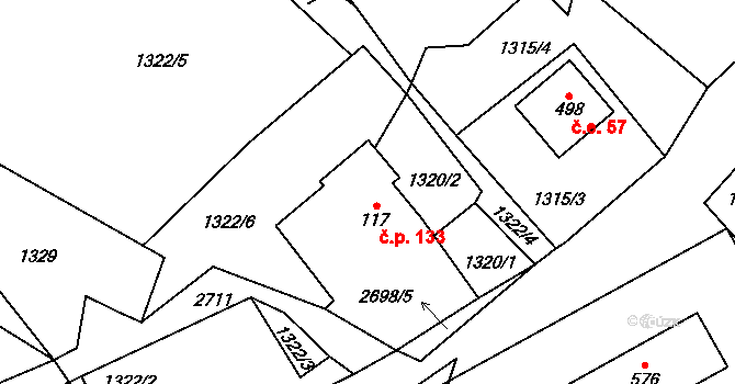 Srní 133 na parcele st. 117 v KÚ Srní I, Katastrální mapa