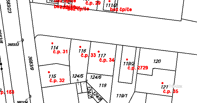České Budějovice 5 34, České Budějovice na parcele st. 117 v KÚ České Budějovice 5, Katastrální mapa