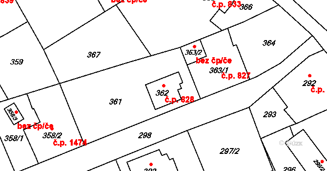 Fryštát 828, Karviná na parcele st. 362 v KÚ Karviná-město, Katastrální mapa