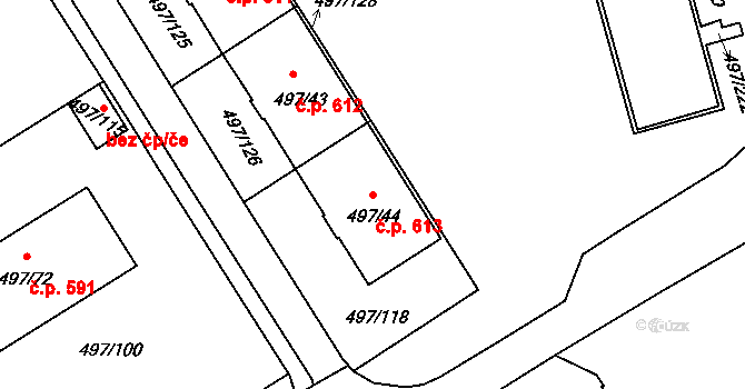 Ráj 613, Karviná na parcele st. 497/44 v KÚ Ráj, Katastrální mapa