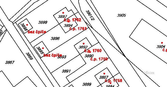 Vsetín 1760 na parcele st. 3892 v KÚ Vsetín, Katastrální mapa