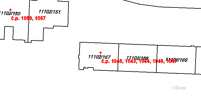 Severní Předměstí 1043,1044,1045,1046,, Plzeň na parcele st. 11102/169 v KÚ Plzeň, Katastrální mapa