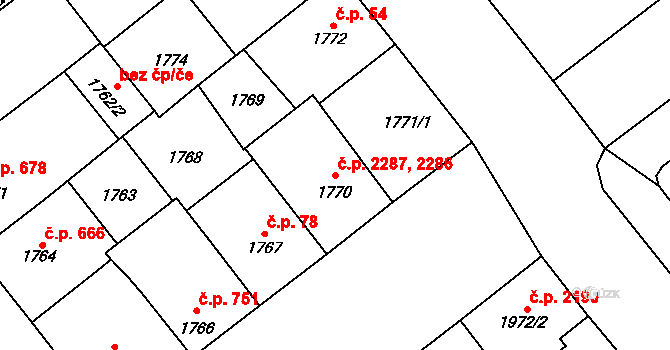 Východní Předměstí 2286,2287, Plzeň na parcele st. 1771/1 v KÚ Plzeň, Katastrální mapa