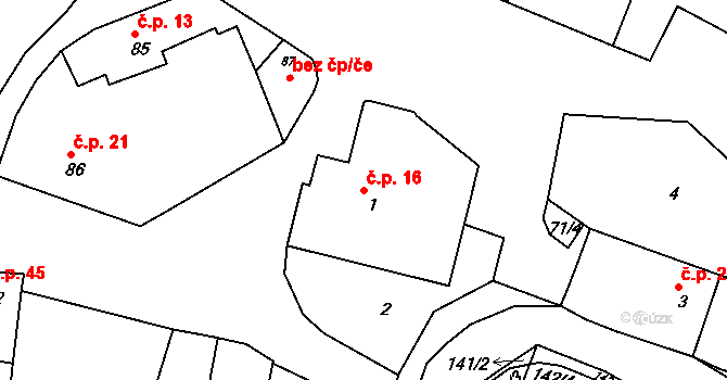Hvozdec 16 na parcele st. 1 v KÚ Hvozdec u Veverské Bítýšky, Katastrální mapa