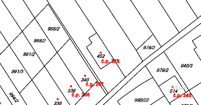 Hostěrádky-Rešov 328 na parcele st. 452 v KÚ Hostěrádky, Katastrální mapa