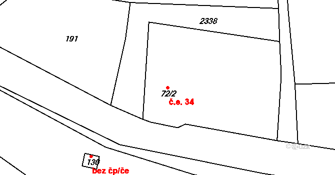 Boučí 34, Dolní Nivy na parcele st. 72/2 v KÚ Boučí, Katastrální mapa