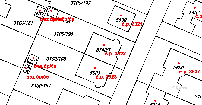 Břeclav 3322 na parcele st. 5749/1 v KÚ Břeclav, Katastrální mapa