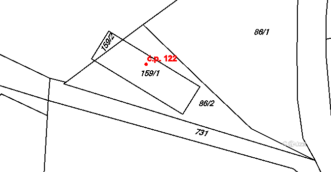 Boseň 122 na parcele st. 159/1 v KÚ Boseň, Katastrální mapa