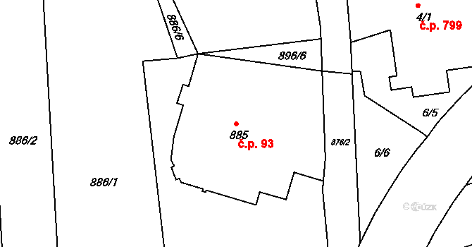 Hulín 93 na parcele st. 885 v KÚ Hulín, Katastrální mapa