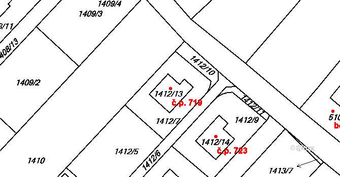 Troubsko 719 na parcele st. 1412/13 v KÚ Troubsko, Katastrální mapa
