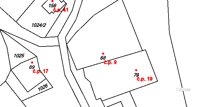 Kácovec 9, Tichonice na parcele st. 68 v KÚ Tichonice, Katastrální mapa
