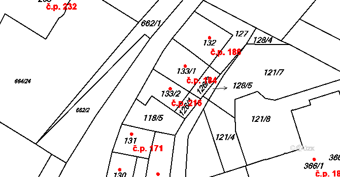 Jimramov 216 na parcele st. 133/2 v KÚ Jimramov, Katastrální mapa
