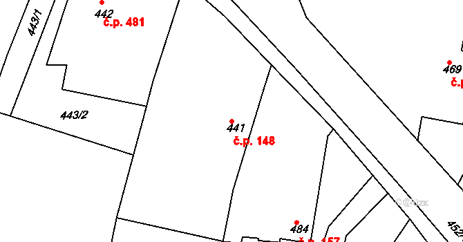 Zádveřice 148, Zádveřice-Raková na parcele st. 441 v KÚ Zádveřice, Katastrální mapa