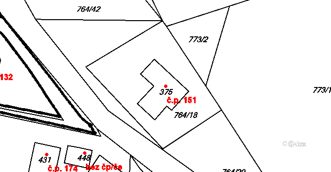 Vlčková 151 na parcele st. 375 v KÚ Vlčková, Katastrální mapa