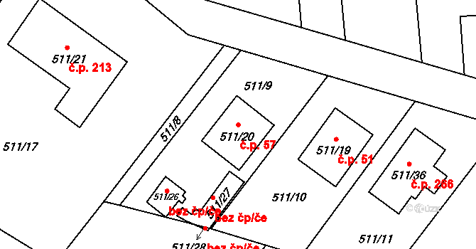 Chlebičov 57 na parcele st. 511/20 v KÚ Chlebičov, Katastrální mapa