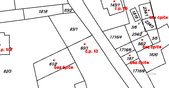 Hracholusky 13 na parcele st. 60/1 v KÚ Hracholusky u Prachatic, Katastrální mapa