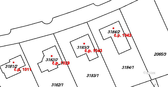 Lužice 1043 na parcele st. 3183/3 v KÚ Lužice u Hodonína, Katastrální mapa