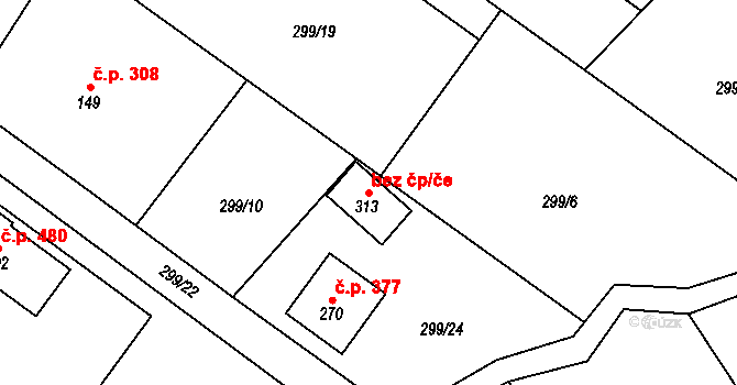 Tuchoměřice 90026152 na parcele st. 313 v KÚ Kněžívka, Katastrální mapa