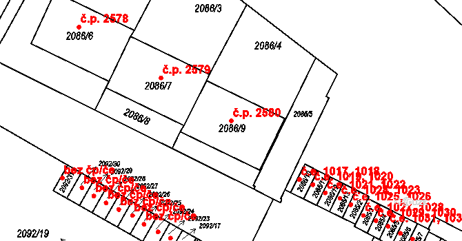 Znojmo 2580 na parcele st. 2086/9 v KÚ Znojmo-město, Katastrální mapa