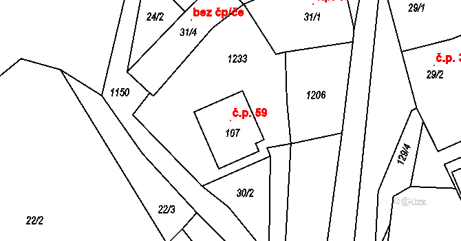 Cerekvička 59, Cerekvička-Rosice na parcele st. 107 v KÚ Cerekvička, Katastrální mapa